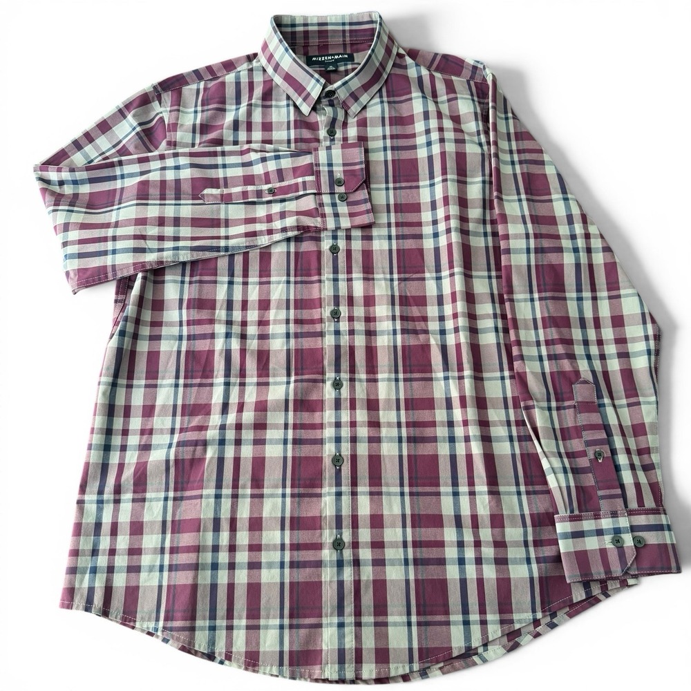 Mizzen+Main Leeward Long Sleeve Shirt Men XL Trim Purple Plaid Slim Stretch